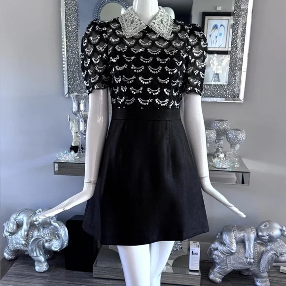 New 🖤 Chic Black and White Mini Dress with Lace Collar - Picture 3 of 17